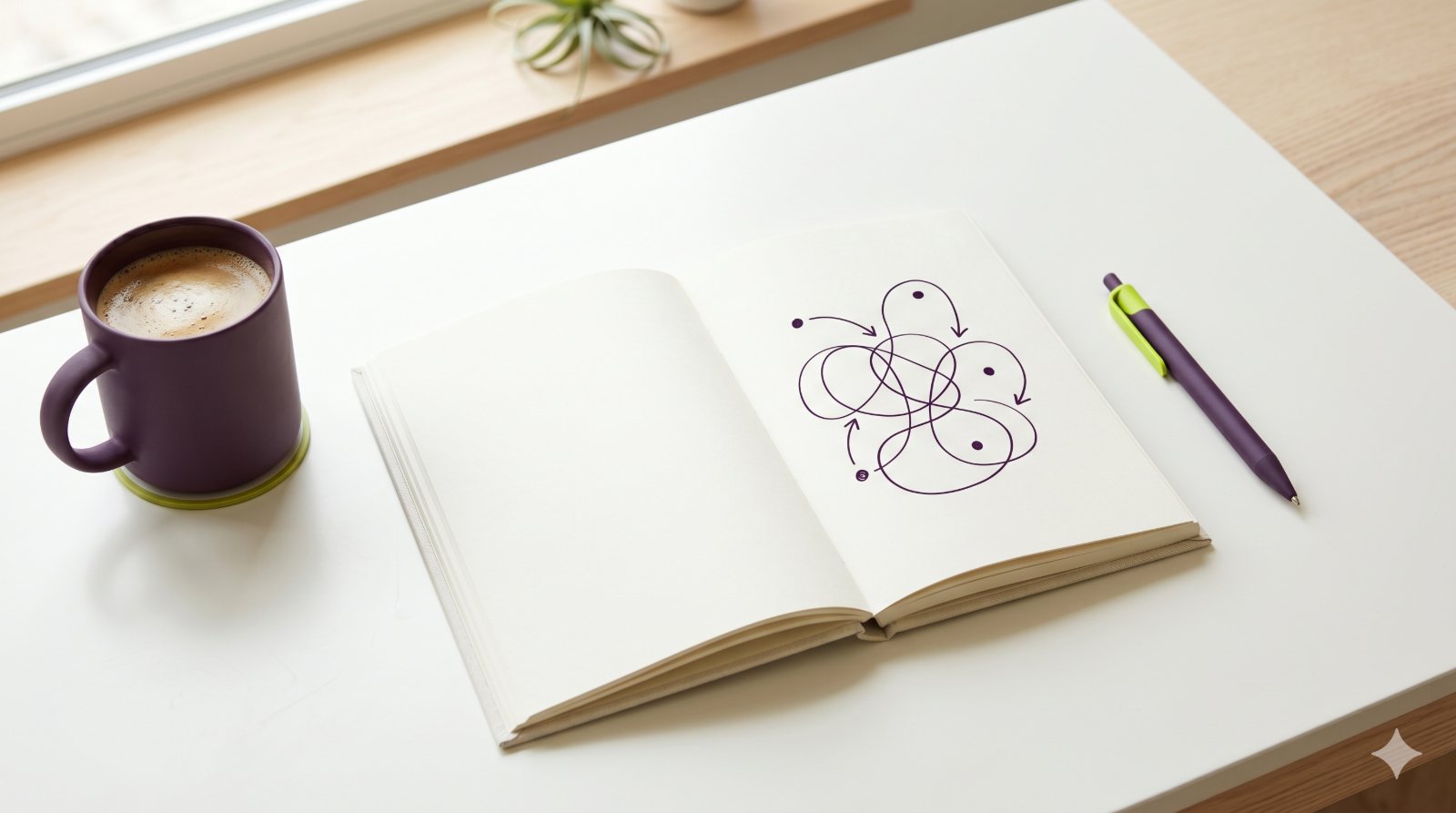 Open notebook with a hand-drawn looping diagram, a coffee and a pen, representing reading marketing data with judgement.